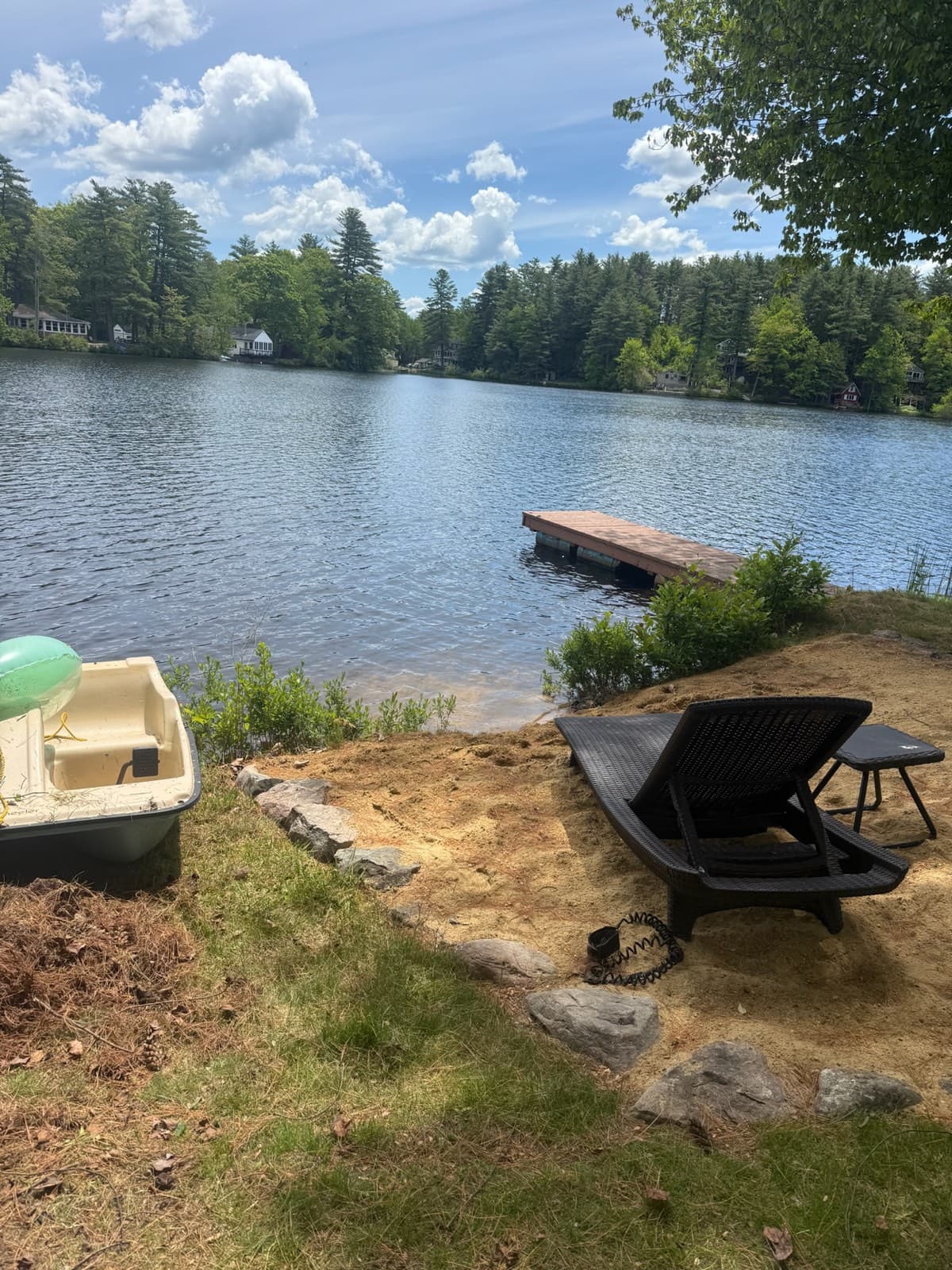 The dock and beach at Kendall Pond